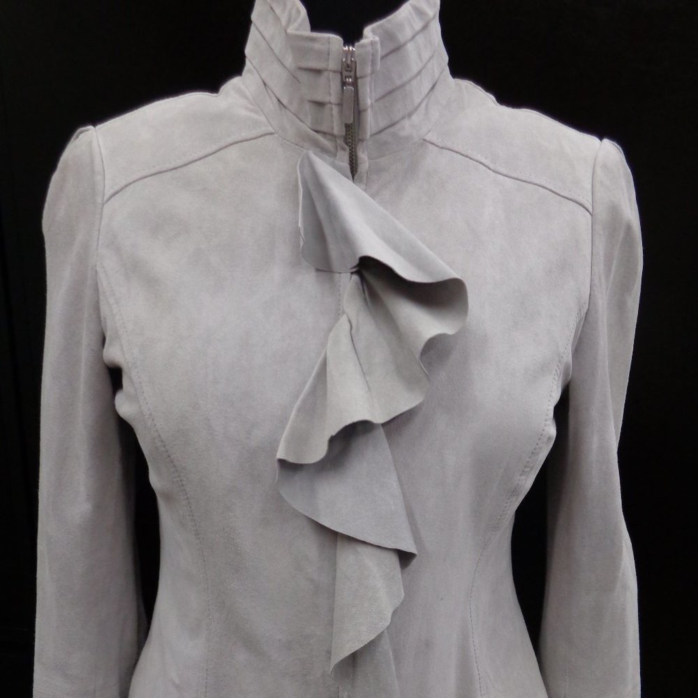 White House Black Market Light Gray Zip Up Suede Leather Jacket w Ruffles Sz L
